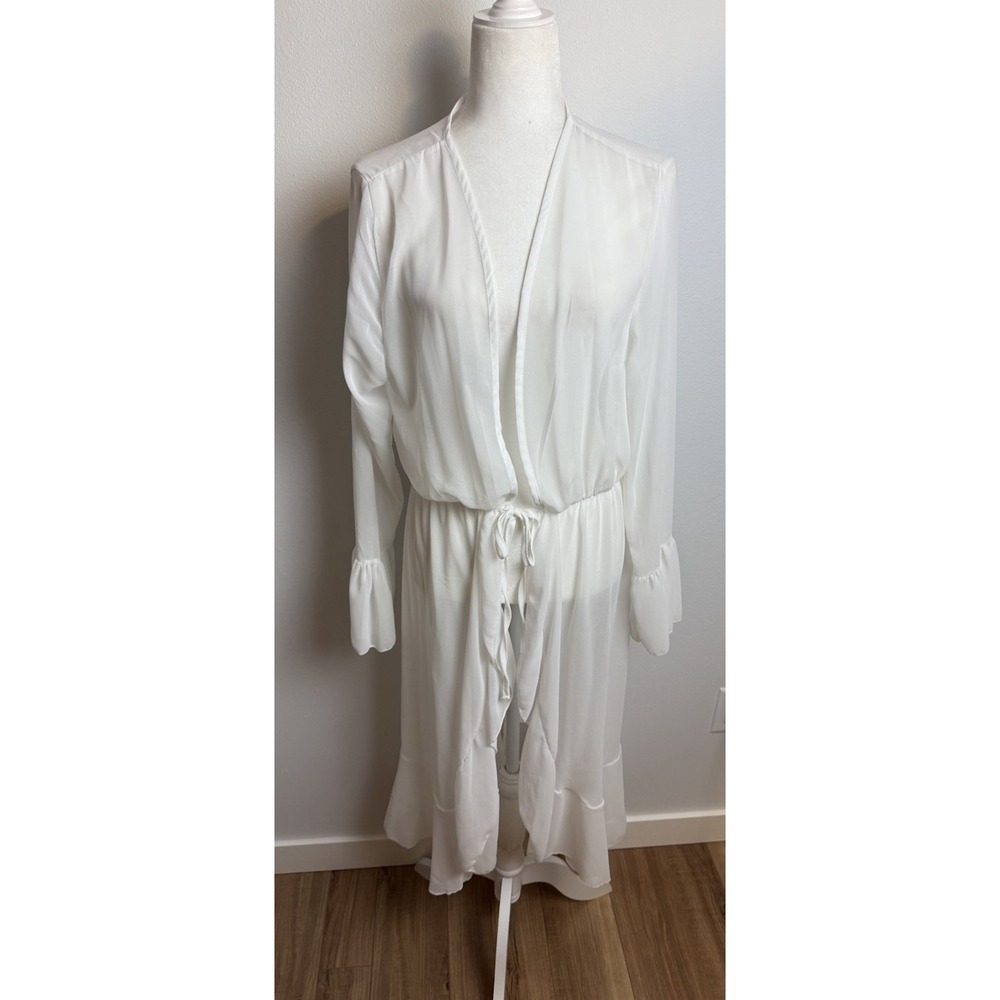White Sheer Mesh Long Sleeve Midi Cardigan‎ Coverup Swim Cover Large L